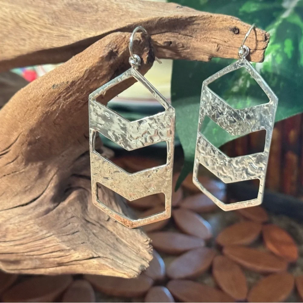 Silver Geometric Chevron Drop Earrings